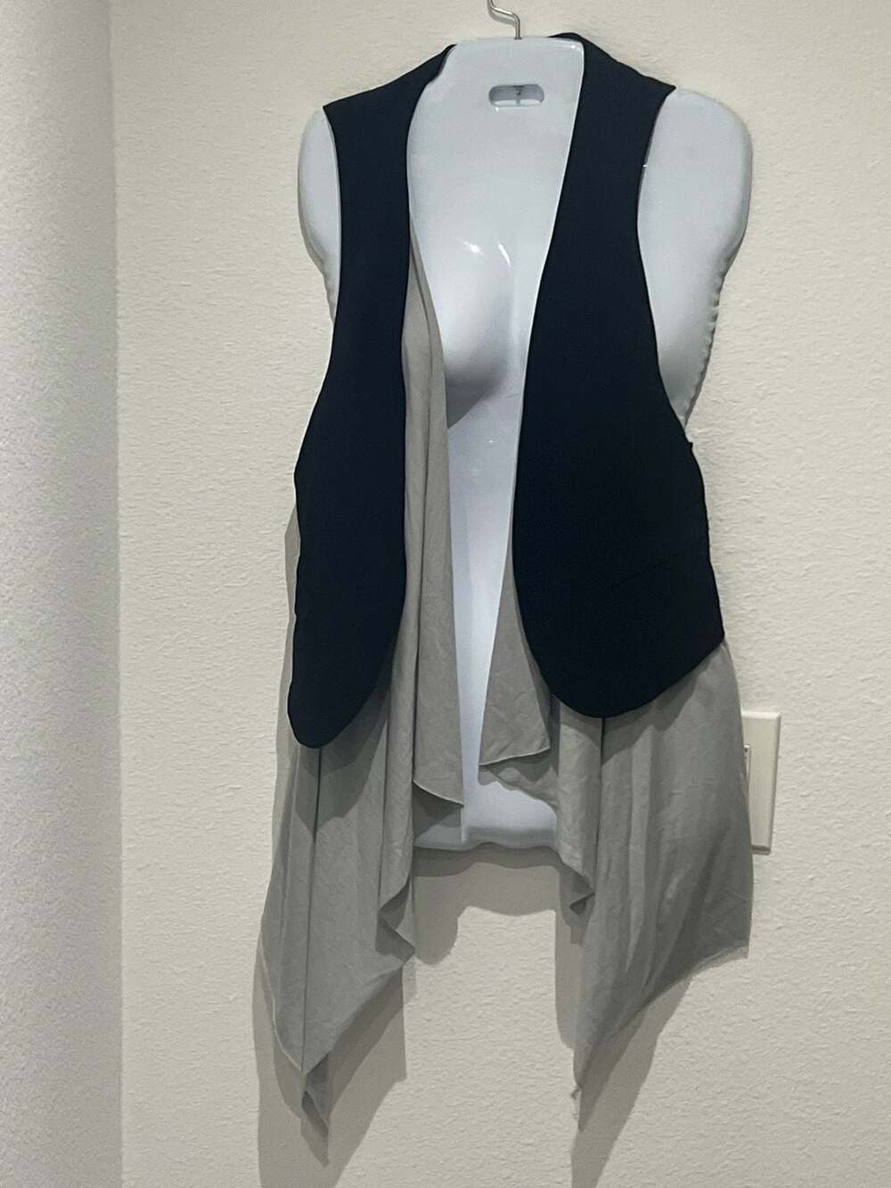 Not Forever Grey High Low Waterfall Swing Vest with Navy Trim